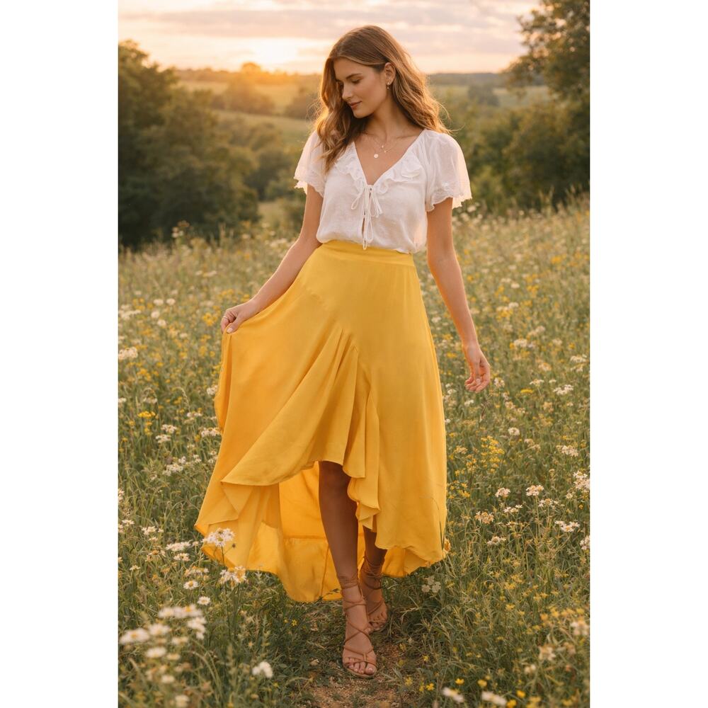 Krisa Golden Meadow Ruffle Skirt | Fairycore High-Low Midi | Size M | NWT